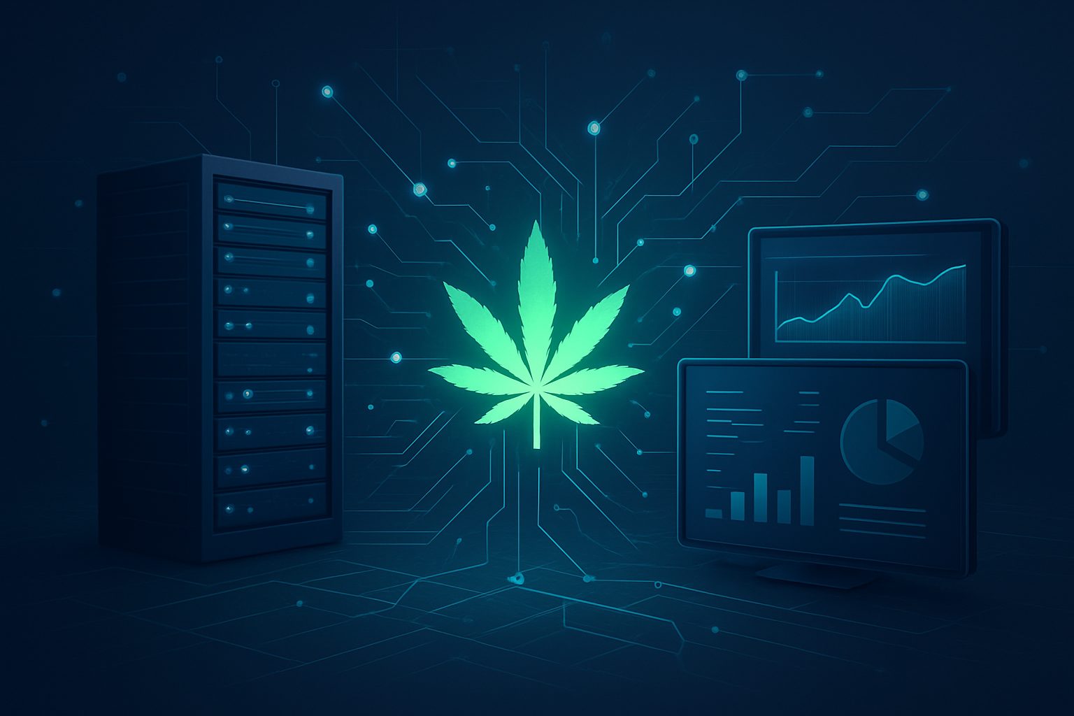 Digital representation of a cannabis leaf alongside server and data analysis imagery