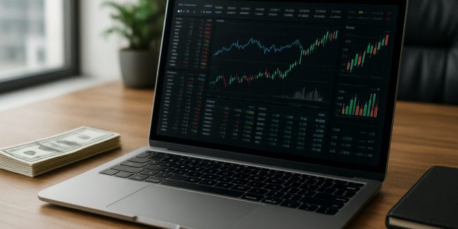 Close-up of a laptop displaying trading charts on a wooden desk with cash and a notebook nearby