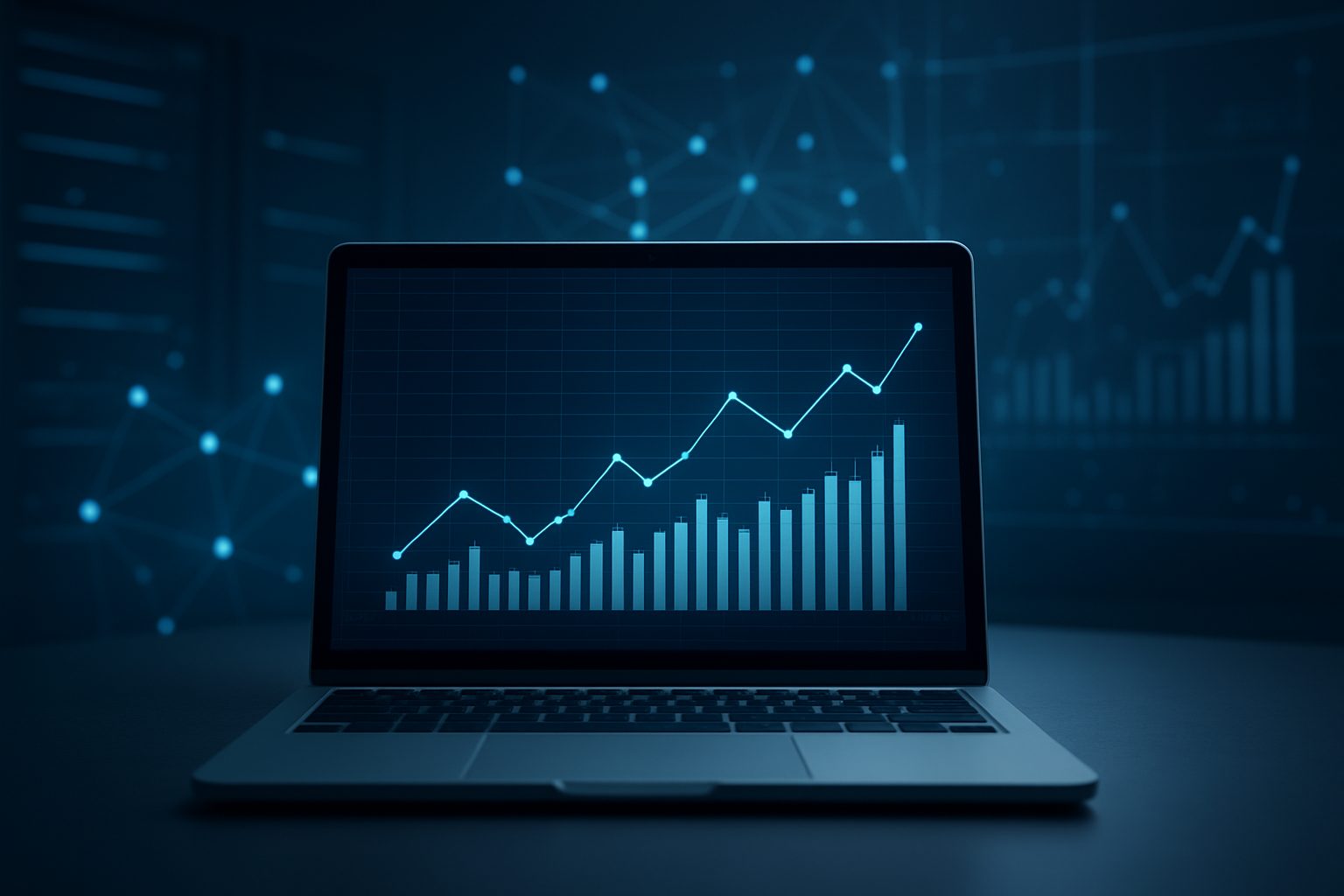A close-up of a laptop displaying trading charts with a blue background, indicating market analysis. The screen shows a
