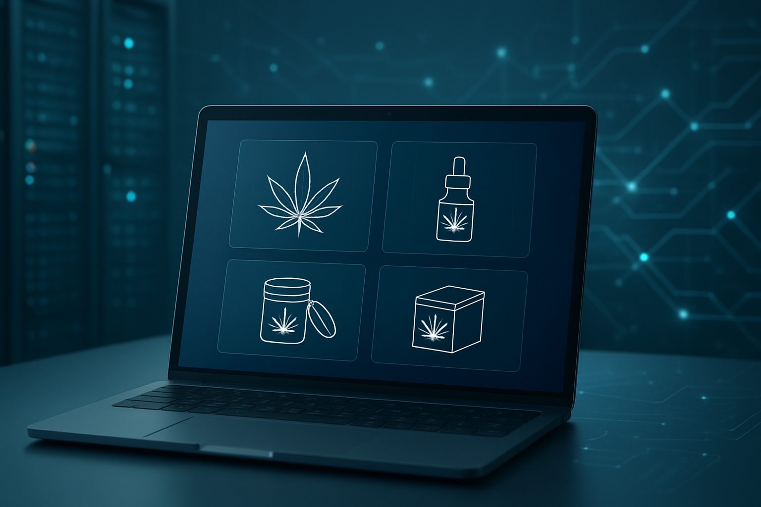 A laptop displaying icons related to cannabis products against a techy background