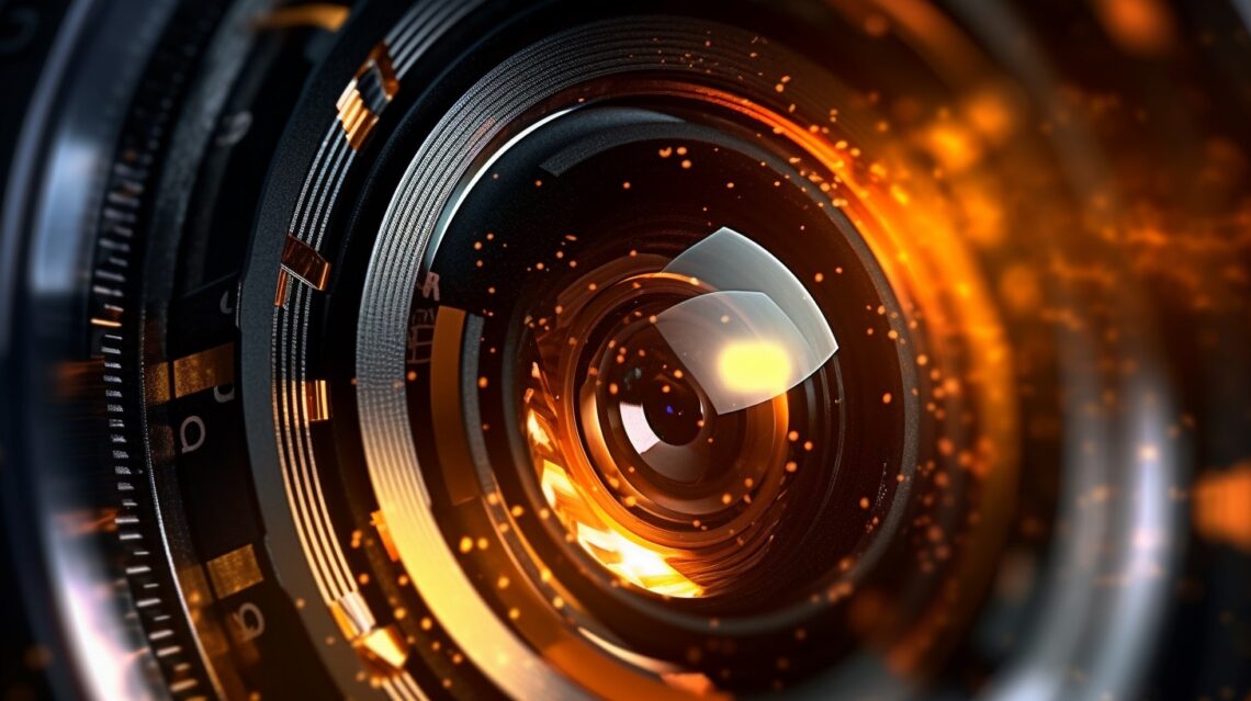 Close-up of a camera lens with a glowing effect